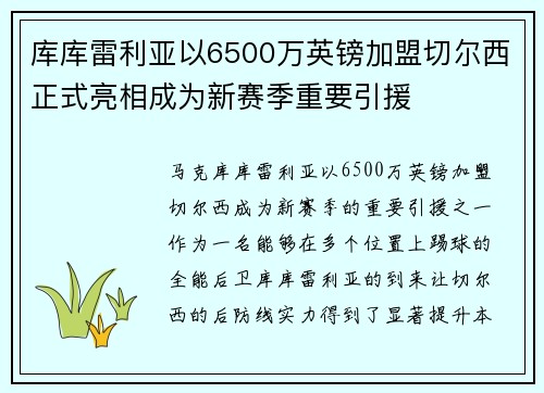 库库雷利亚以6500万英镑加盟切尔西正式亮相成为新赛季重要引援
